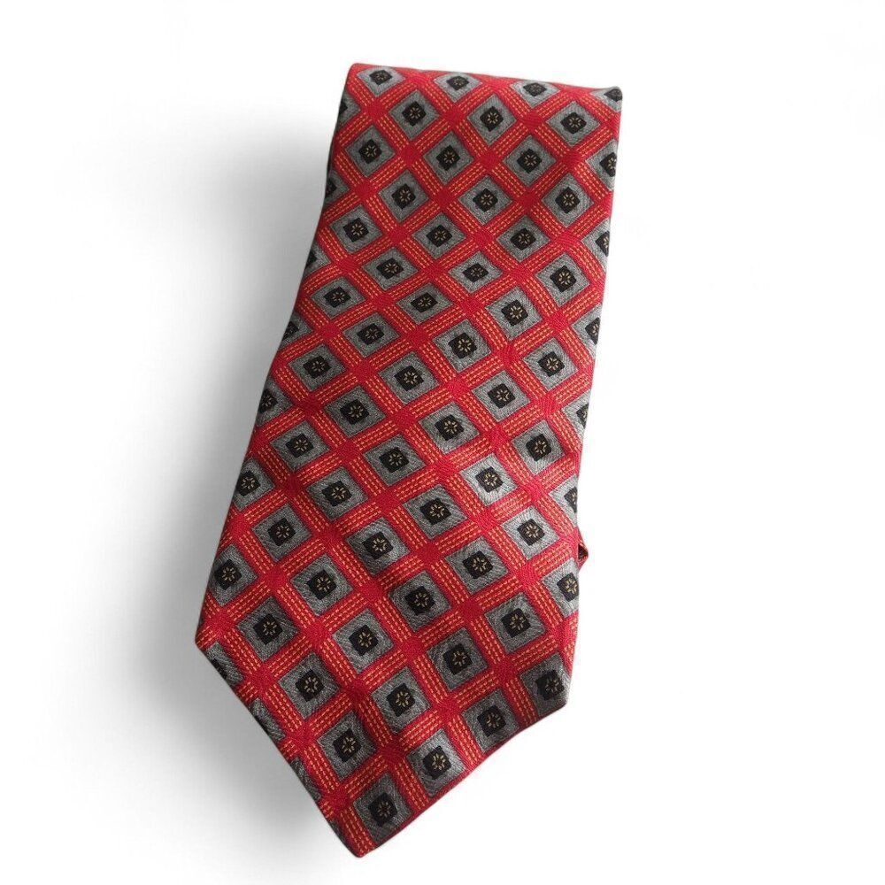 Palani‎ Vintage Square Geometric Silk Tie Red / Grey